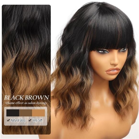 Nnzes Short Wavy Wig with Bangs for Women Shoulder Length Bob Curly Women\'s